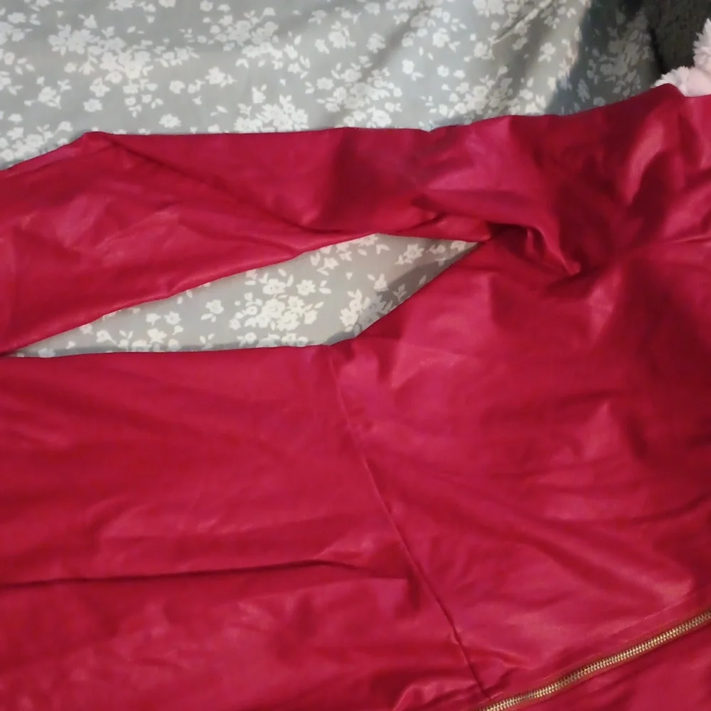 Faux Red Leather Top With Front Zipper - Picture 3 of 3